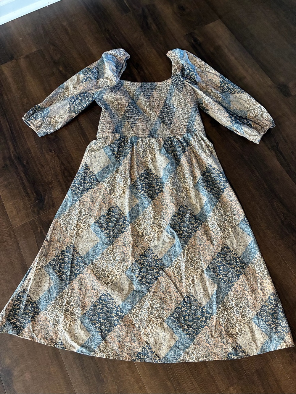 Time and Tru Blue Paisley Smocked Midi Dress XL 16/18 Cottagecore Boho